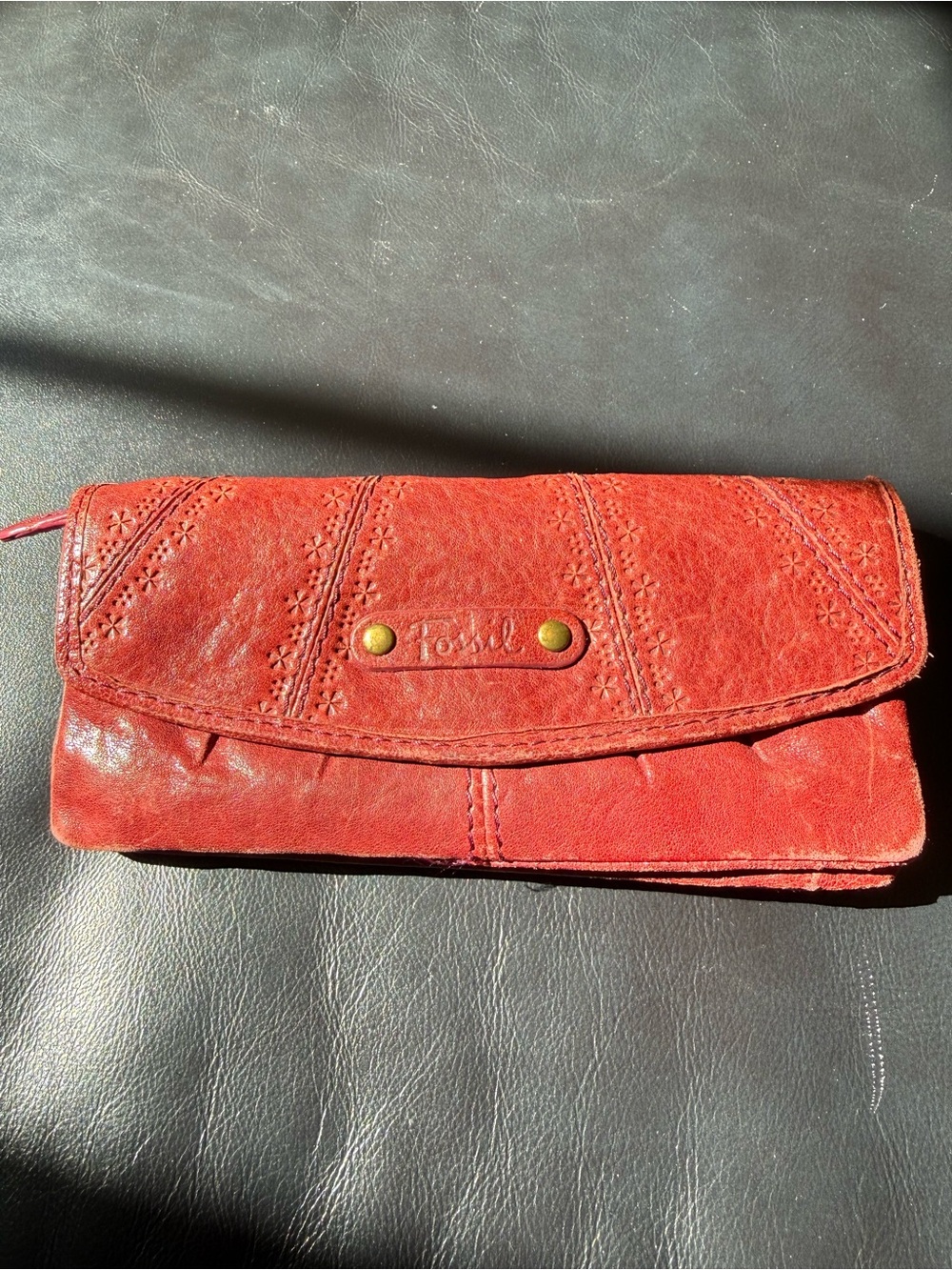 Fossil Red Leather Foldover Wallet with Stamped Detail
